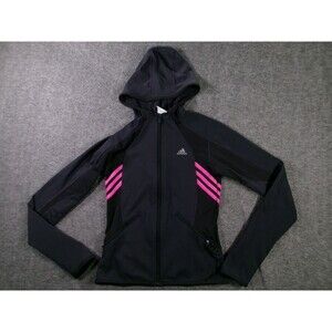 Adidas Jacket Womens S Hooded ClimaWarm Zip Athletic Track Black Pink Stripes